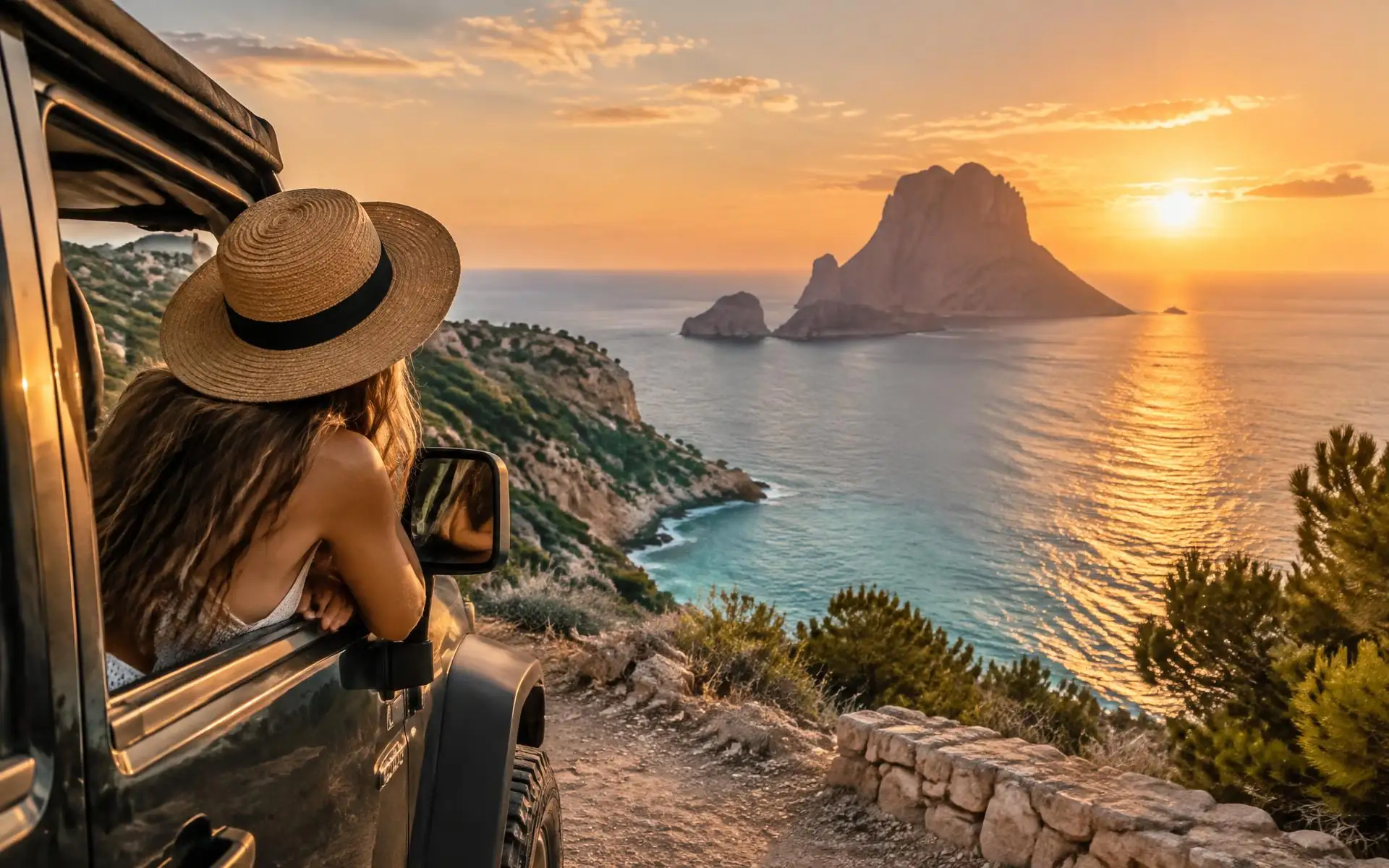 Uitzicht op de kust van Ibiza bij zonsondergang vanuit een auto
